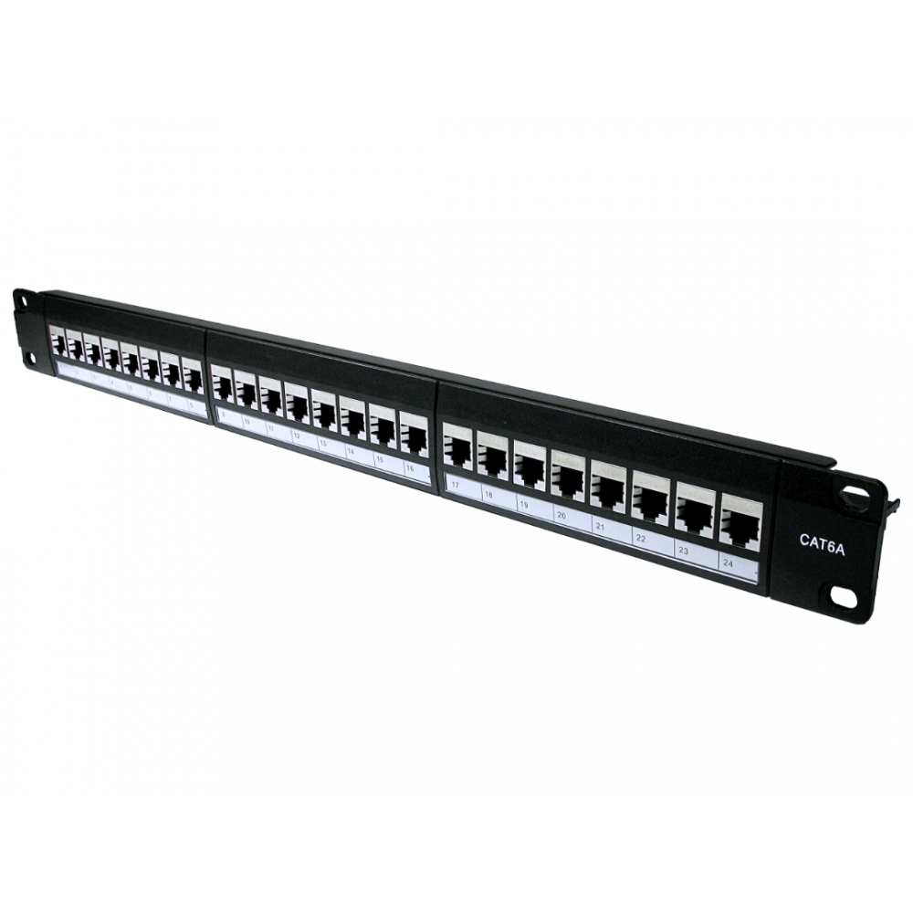 Shielded Cat6A Feed-Through Patch Panel, 24 Port, 1U