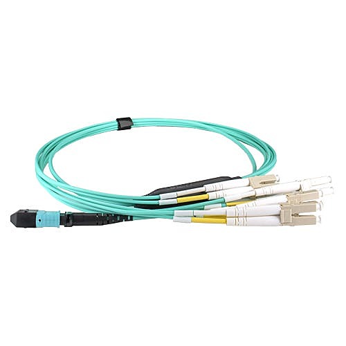 10m OM4 MPO to 4x LC Duplex Fanout Cable Aqua